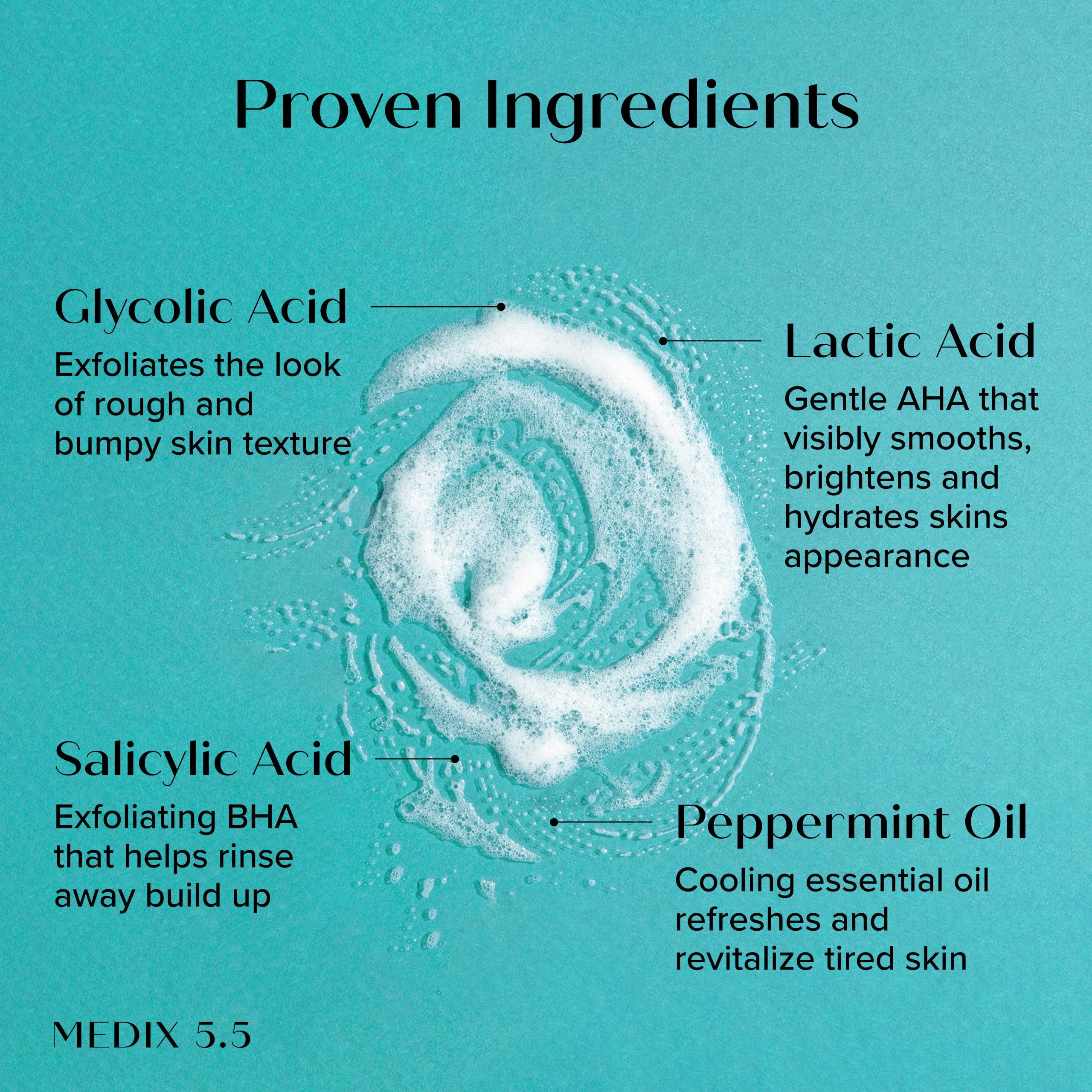 Medix 5.5 peppermint eucalyptus scented suds for a refreshing shower.