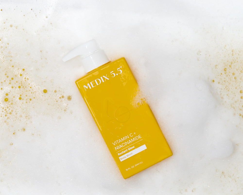 Medix 5.5 Radiant Glow bottle on a bathroom shelf.