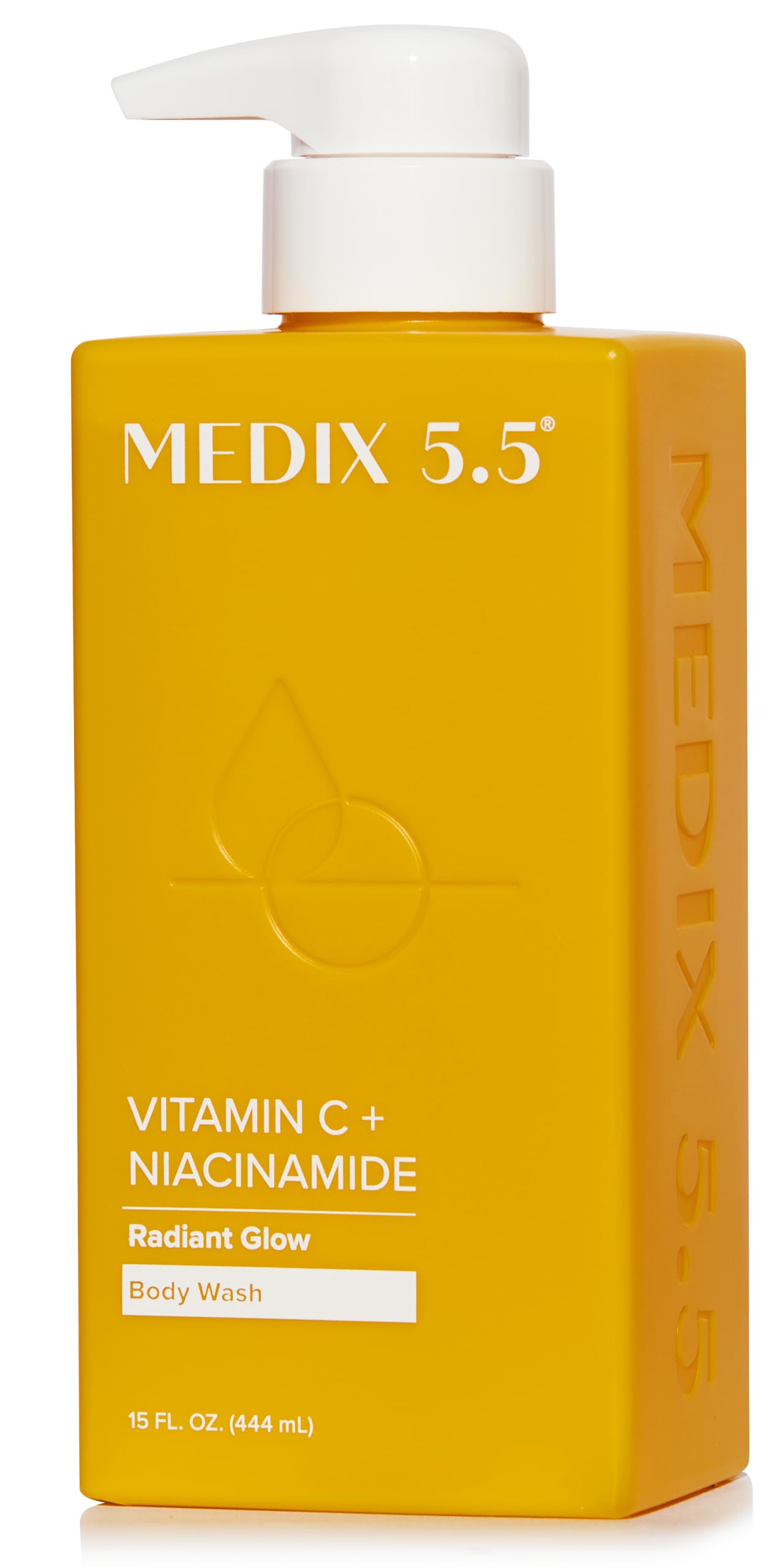 Medix 5.5 Radiant Glow Vitamin C body wash bottle promotes refreshed, soft skin.
