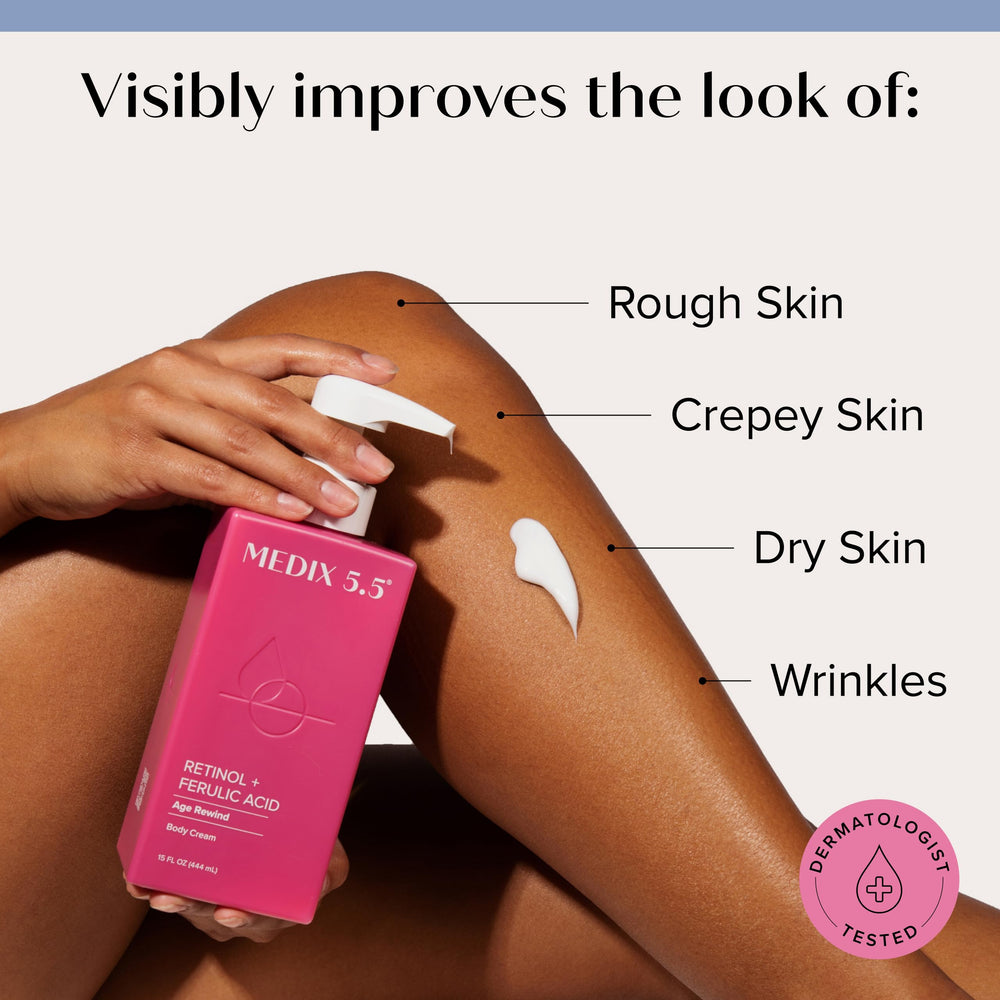 Medix 5.5 Retinol Body Lotion pump shown for easy nightly use.