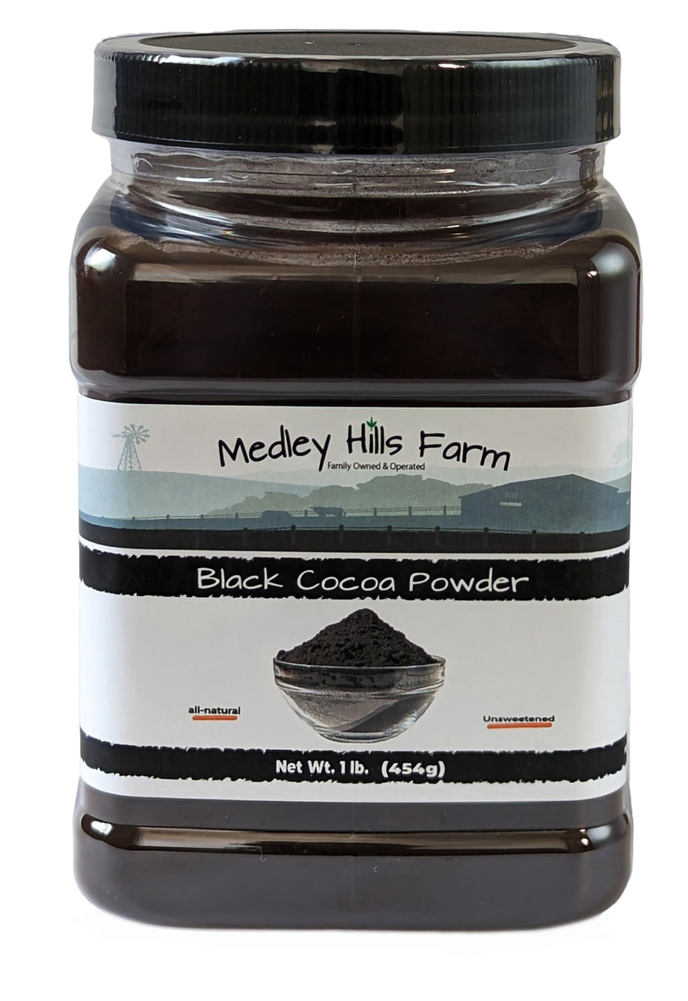 Medley Hills Farm black cocoa powder in a reusable container for easy baking prep.