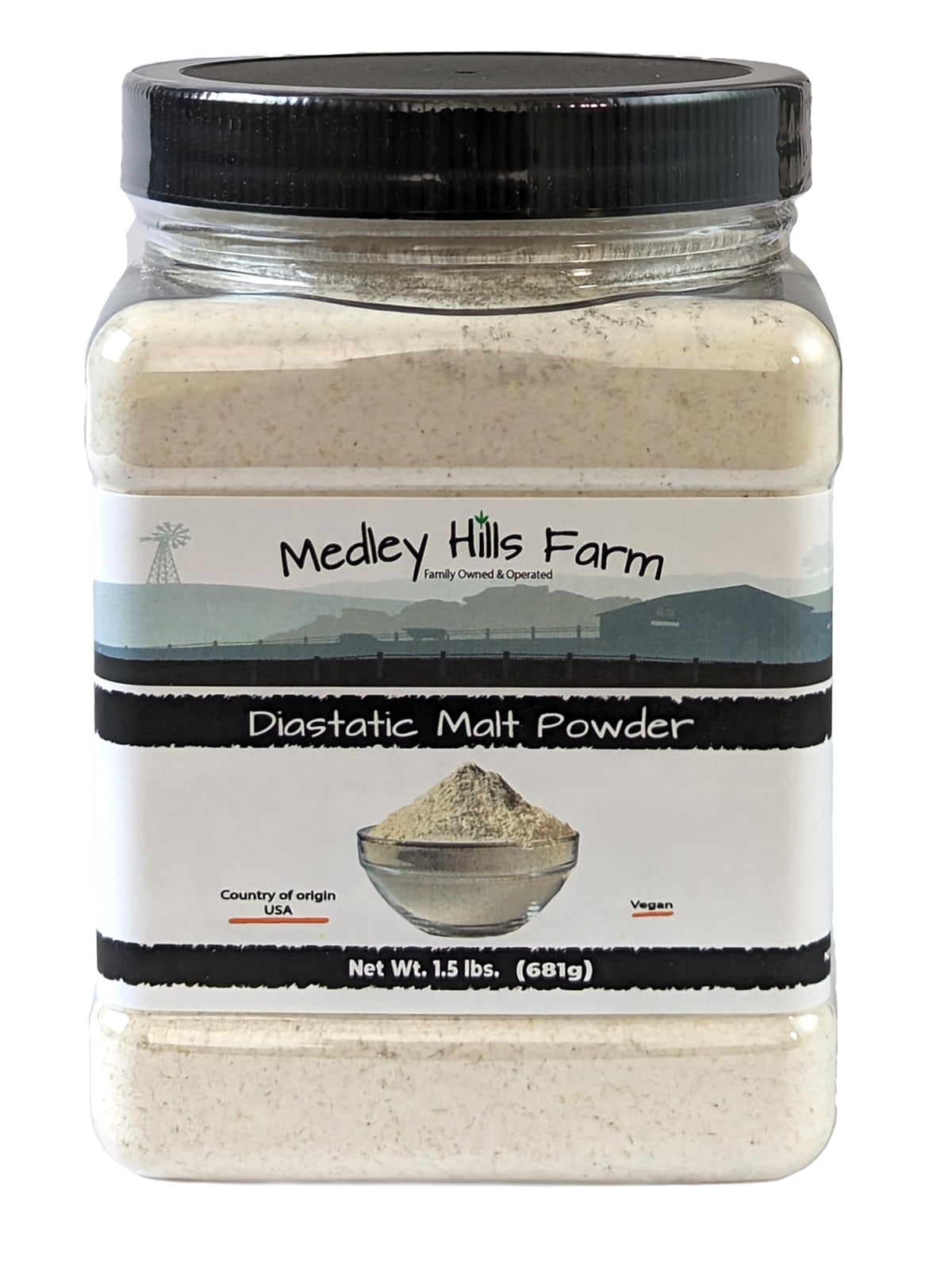Medley Hills Farm diastatic malt powder container for easy storage and baking prep.