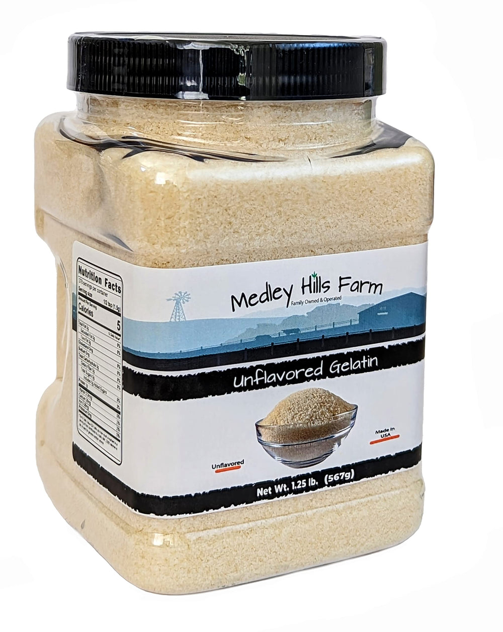 Medley Hills Farm gelatin powder in reusable container for convenient storage and thickening.