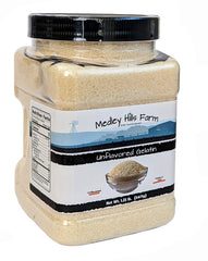 Medley Hills Farm gelatin powder in reusable container for convenient storage and thickening.