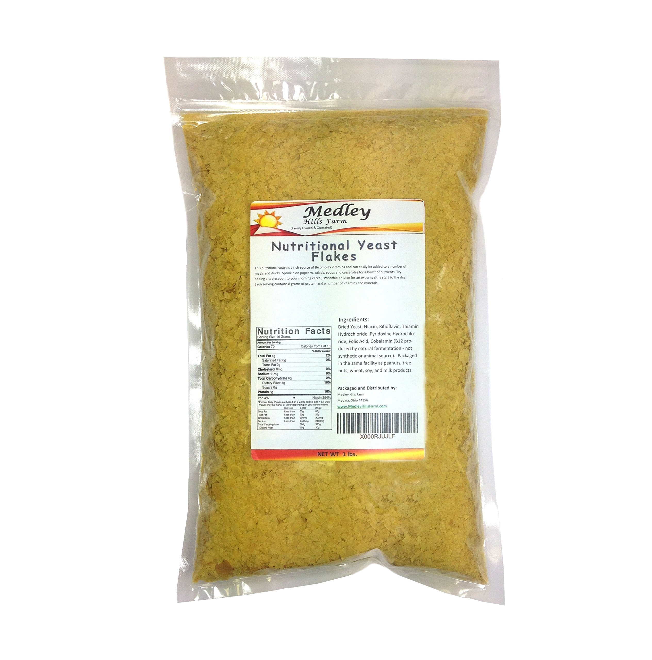 Medley Hills Farm Nutritional Yeast Flakes in a sealed bag for freshness and easy storage.