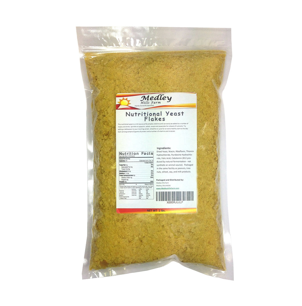 Medley Hills Farm Nutritional Yeast Flakes in a sealed bag for freshness and easy storage.