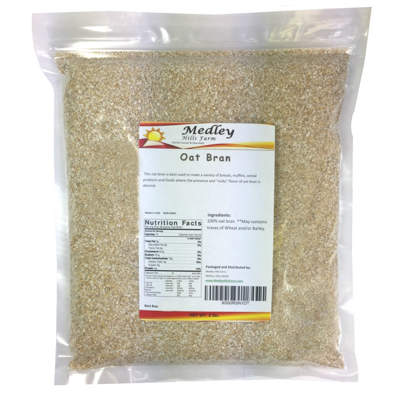 Medley Hills Farm oat bran bag, heat-sealed for freshness and high fiber.
