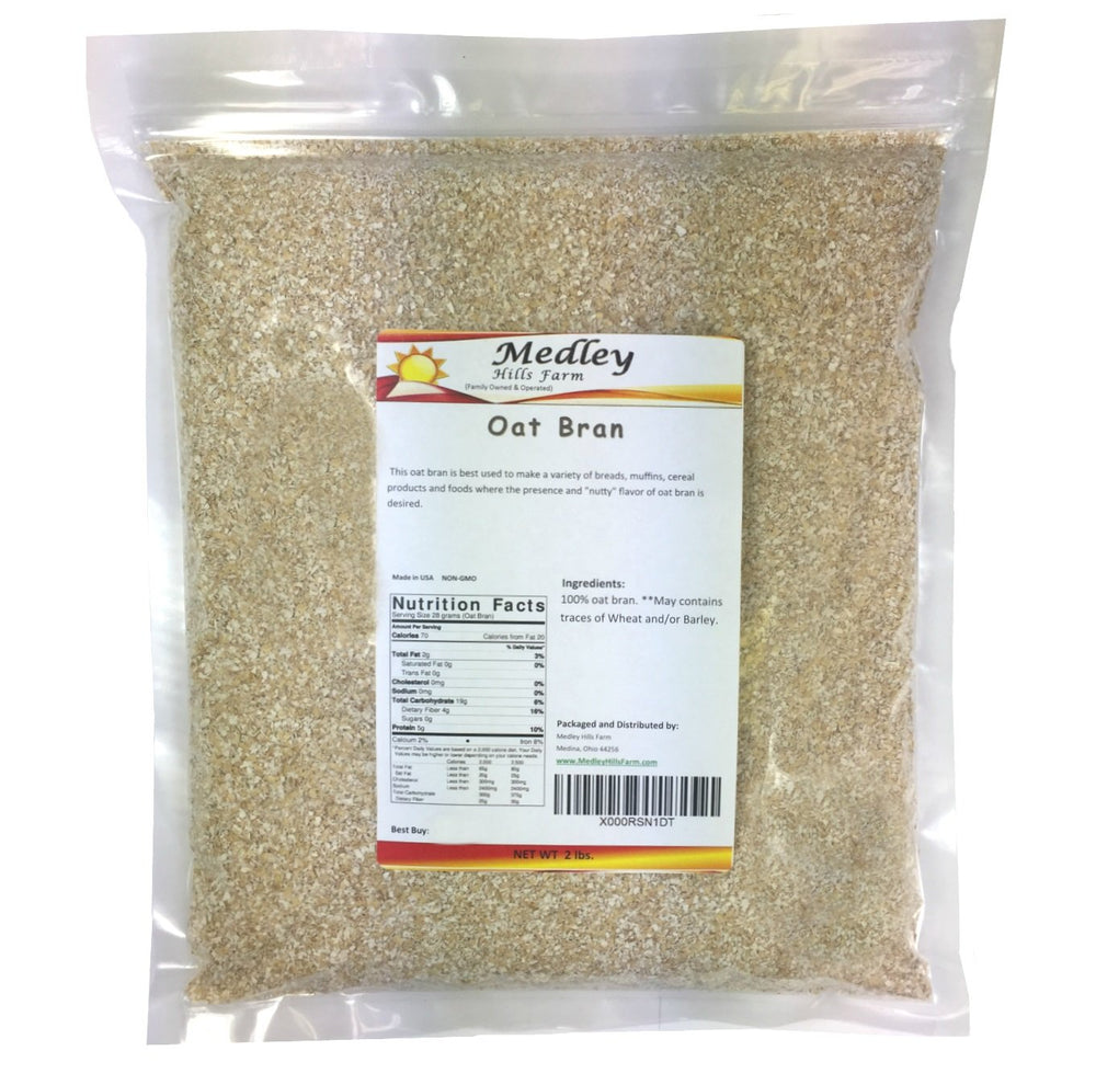 Medley Hills Farm oat bran bag, heat-sealed for freshness and high fiber.