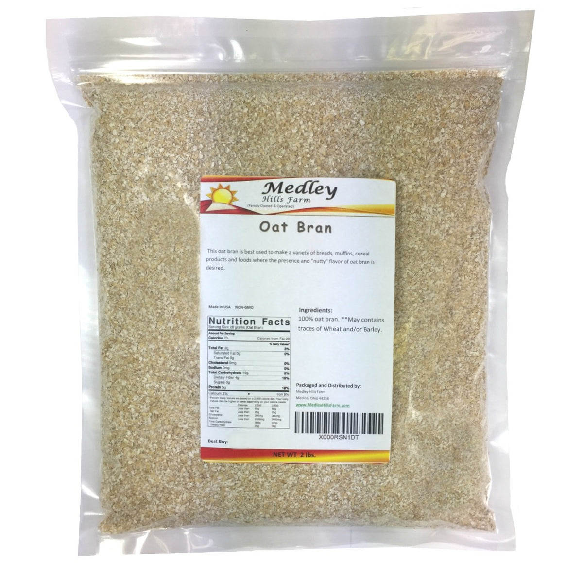 Medley Hills Farm oat bran bag, heat-sealed for freshness and high fiber.