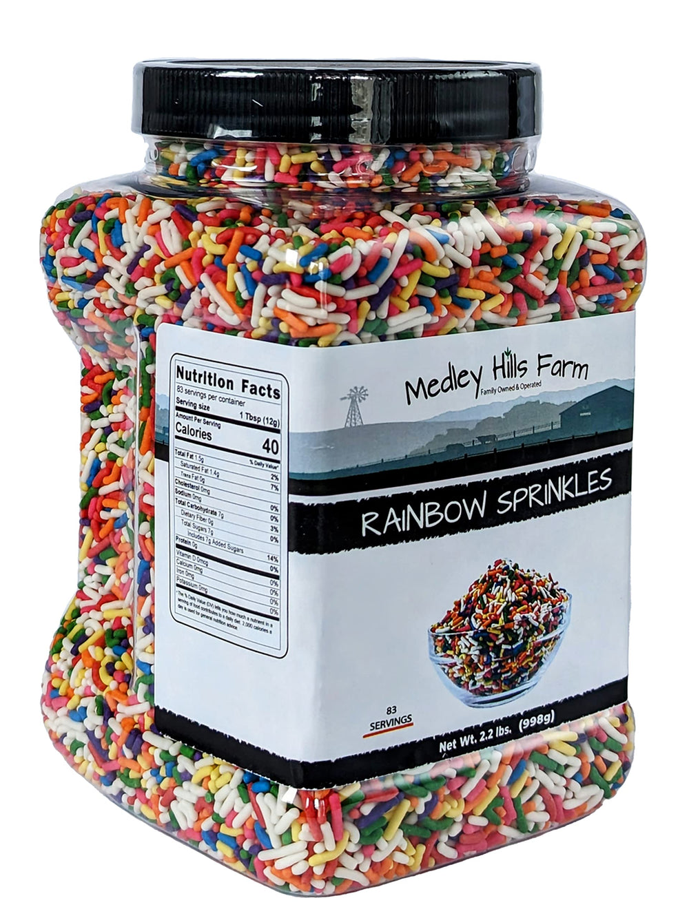 Medley Hills Farm rainbow sprinkles in reusable container for easy storage and decorating