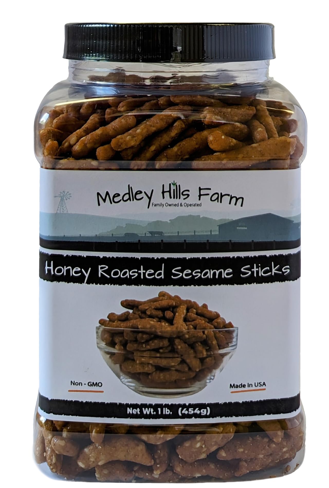 Medley Hills Farm honey roasted sesame sticks in a reusable container for on-the-go snacking