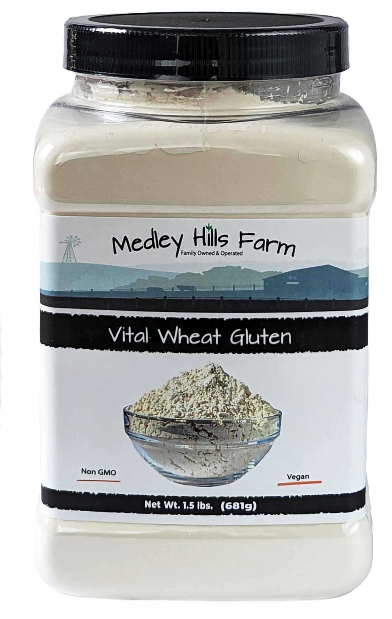 Medley Hills Farm Vital Wheat Gluten container shows reusable packaging for long-term pantry use.
