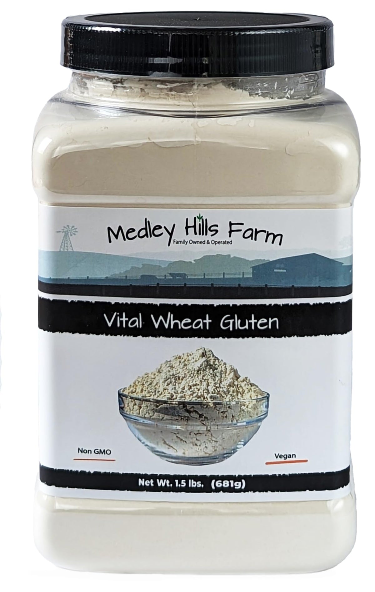 Medley Hills Farm Vital Wheat Gluten container shows reusable packaging for long-term pantry use.