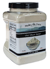Medley Hills Farm Vital Wheat Gluten label highlights high-protein vegan binding for dough.