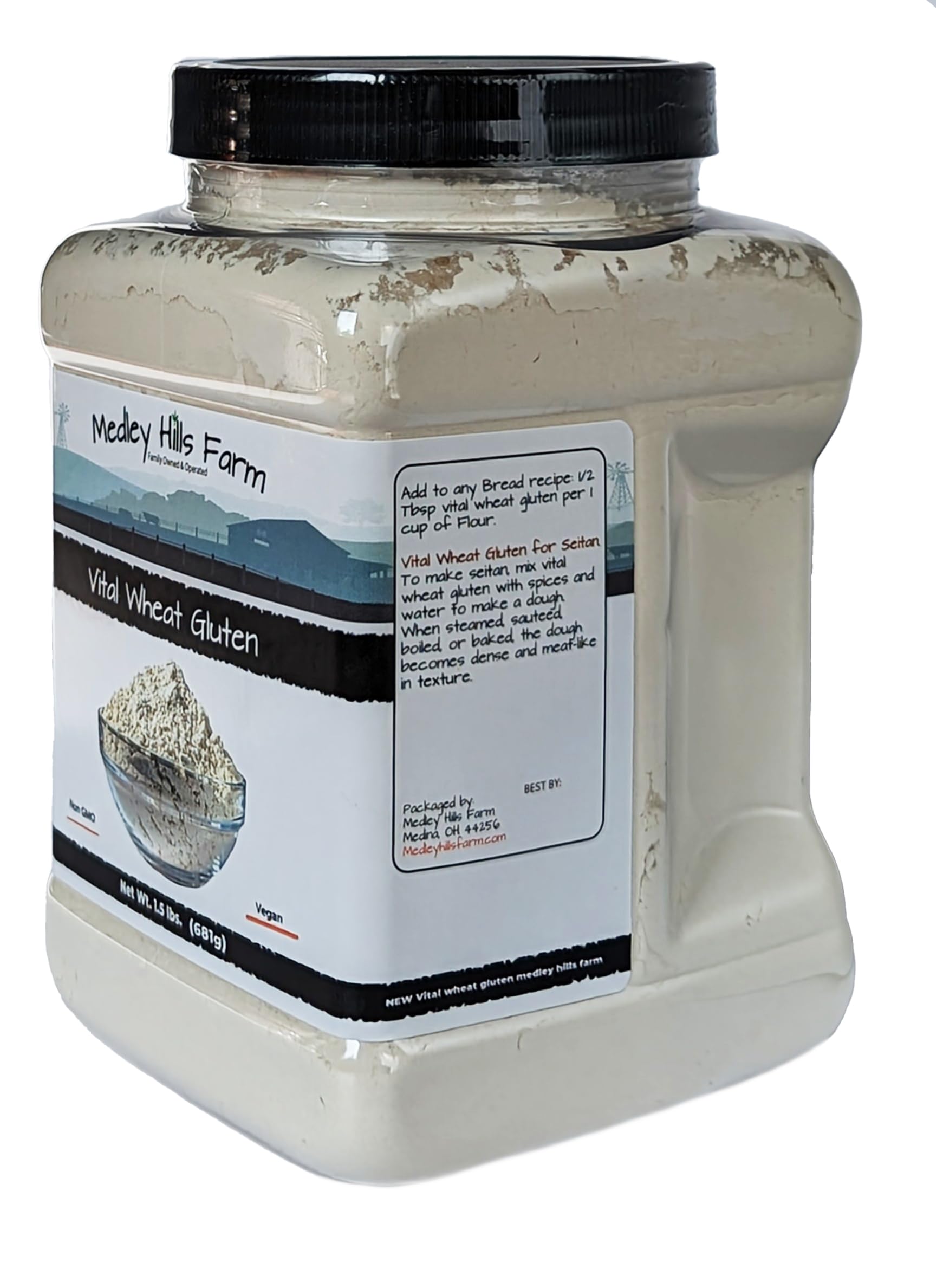 Medley Hills Farm Vital Wheat Gluten pour depicts versatile powder for seitan and bread.