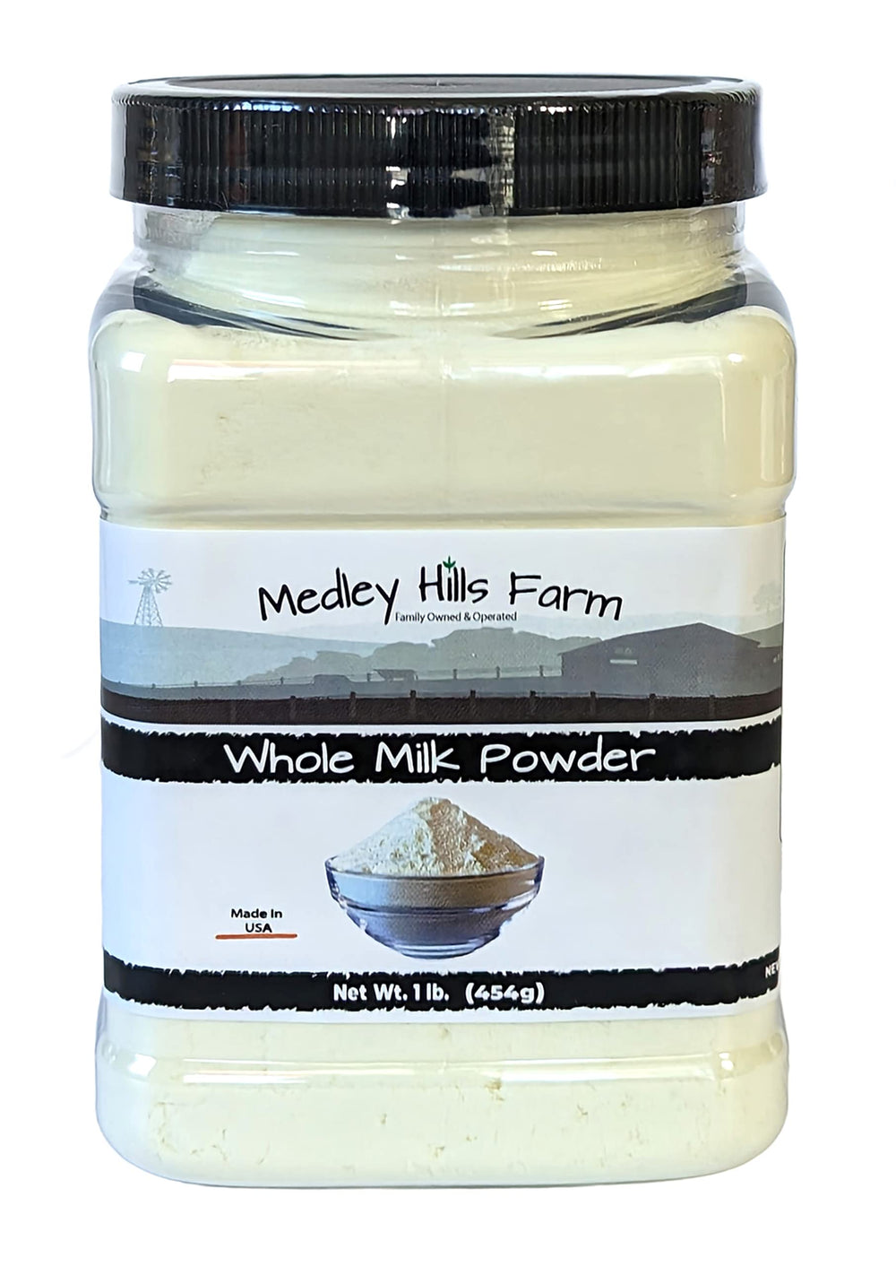 Medley Hills Farm whole milk powder in reusable container for easy storage and cooking