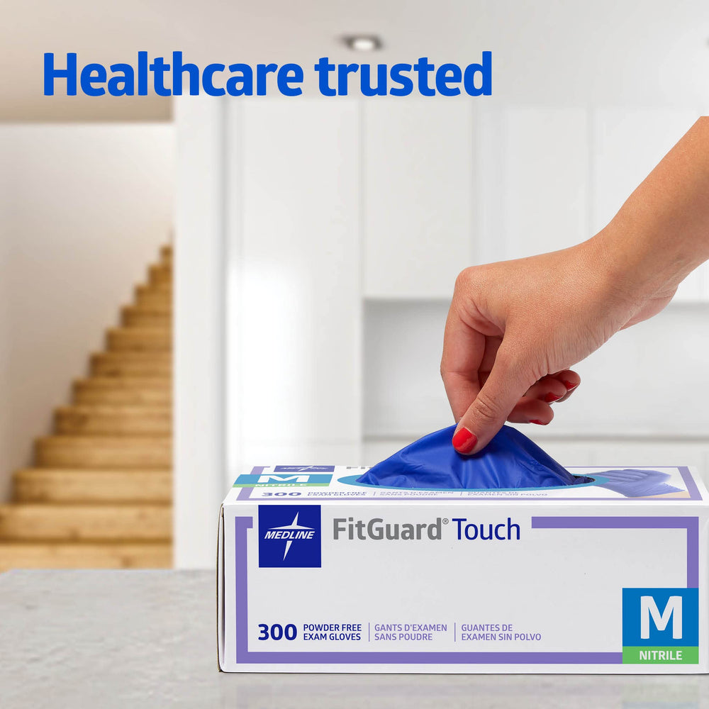 Medline FitGuard Touch nitrile gloves in food prep and cleaning scenarios
