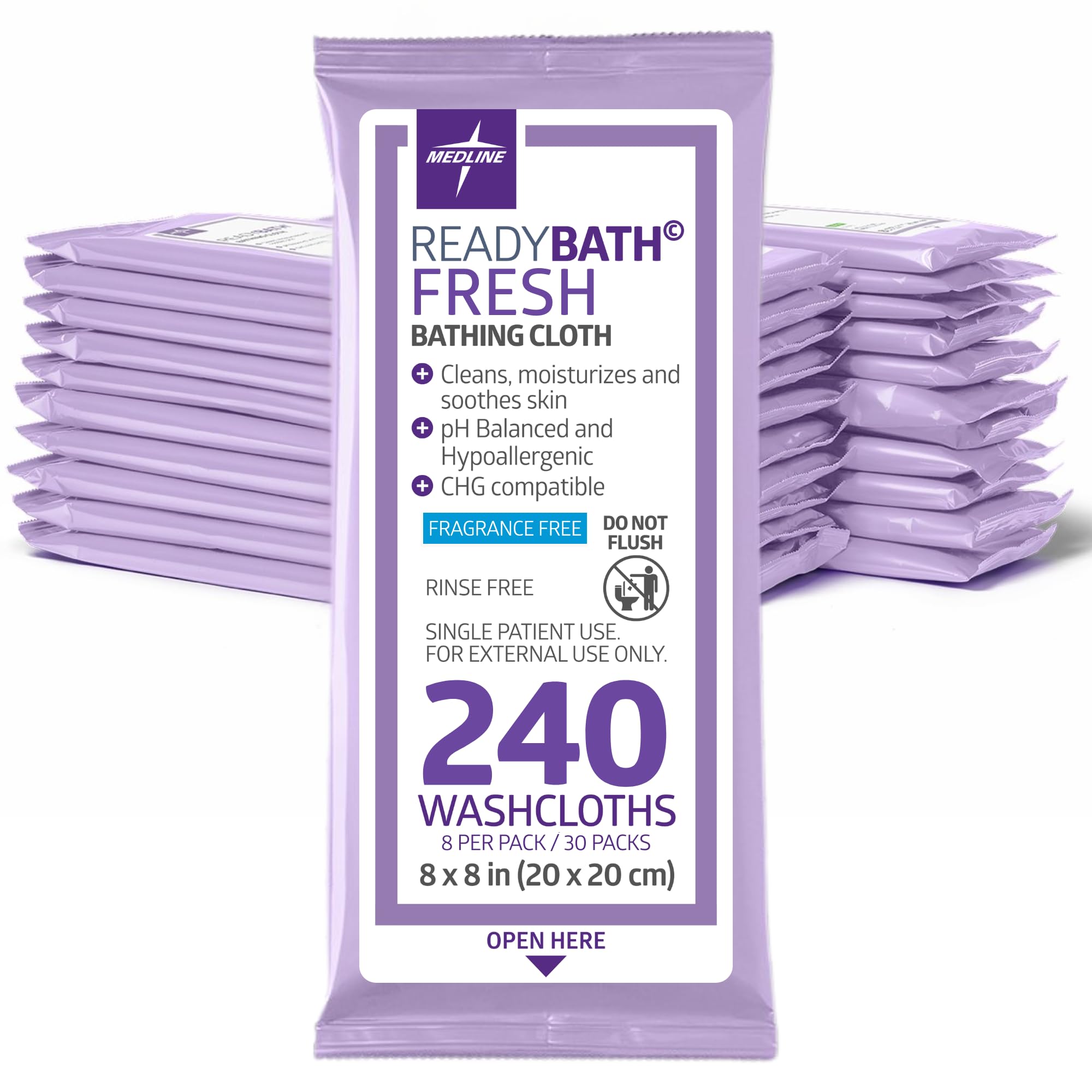 Medline ReadyBath Fresh unscented wipes in front view pack for on-the-go cleansing