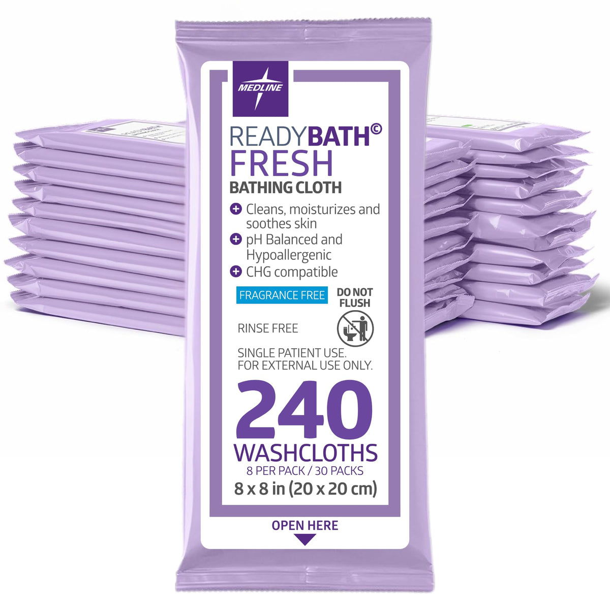Medline ReadyBath Fresh unscented wipes in front view pack for on-the-go cleansing