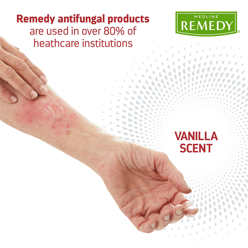 Medline Remedy antifungal ointment on ringworm area close-up skin care visuals.