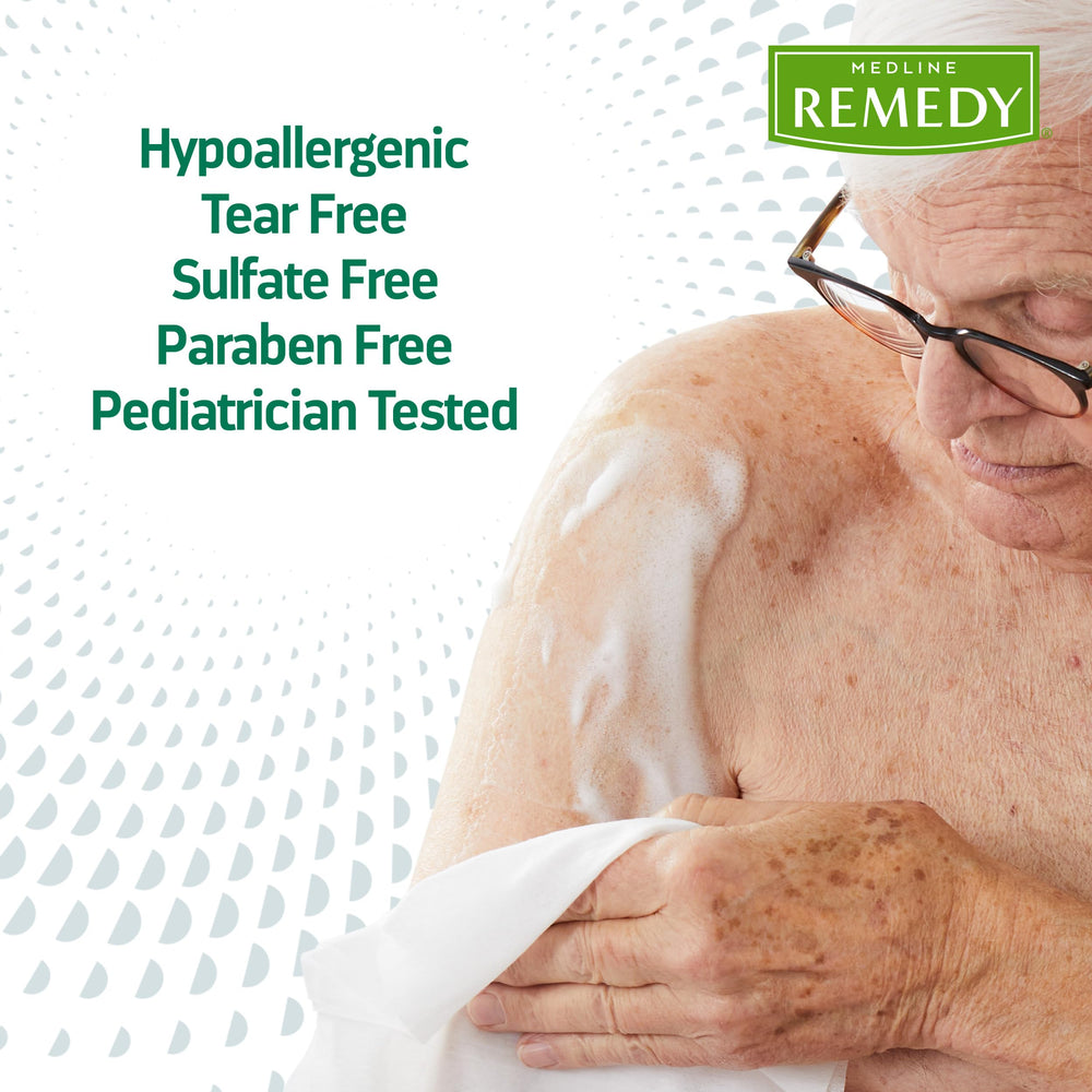 Close-up showing dimethicone for moisture balance during cleansing with Medline Remedy.