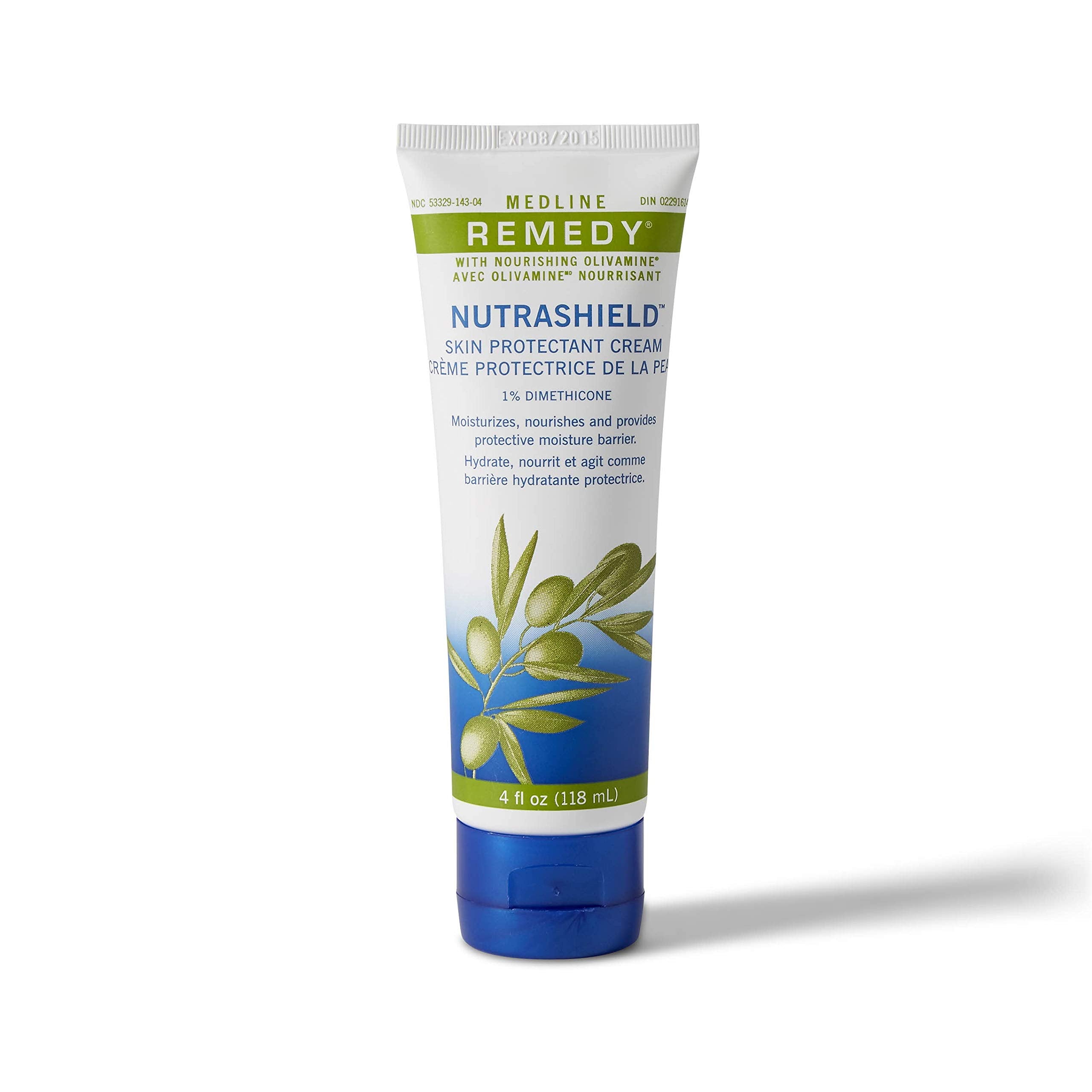 Medline Remedy Nutrashield bottle illustrating a long-lasting moisture barrier for dry skin.