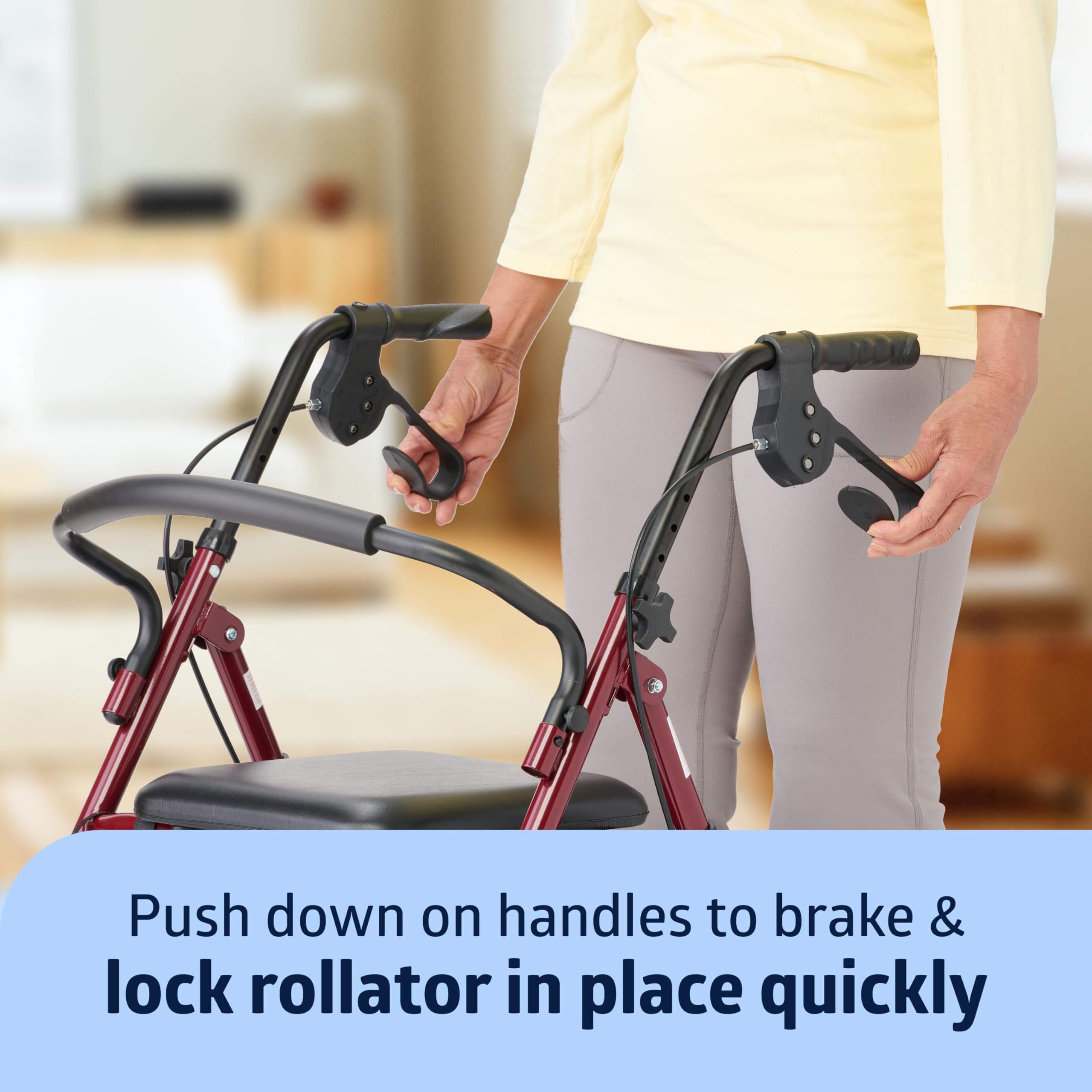 Medline rollator height-adjustable handles customize fit for comfort and control.