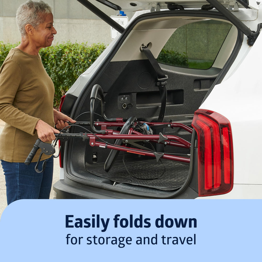 Medline rollator folded frame enables compact storage and transport.