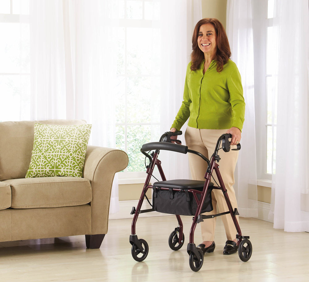 Medline rollator seat and backrest offer comfortable rest during outings.