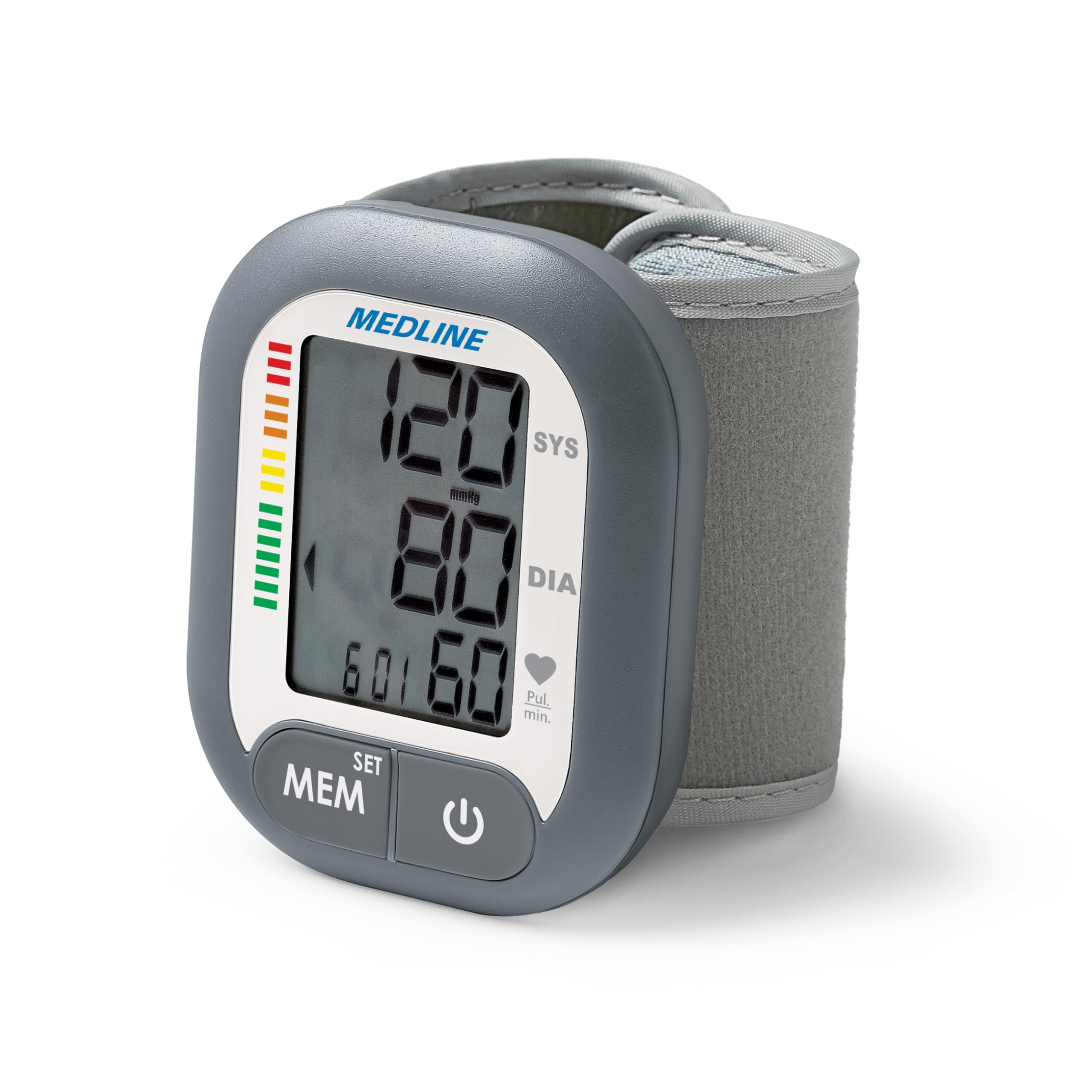 Medline wrist blood pressure monitor display showing clear readings for quick checks