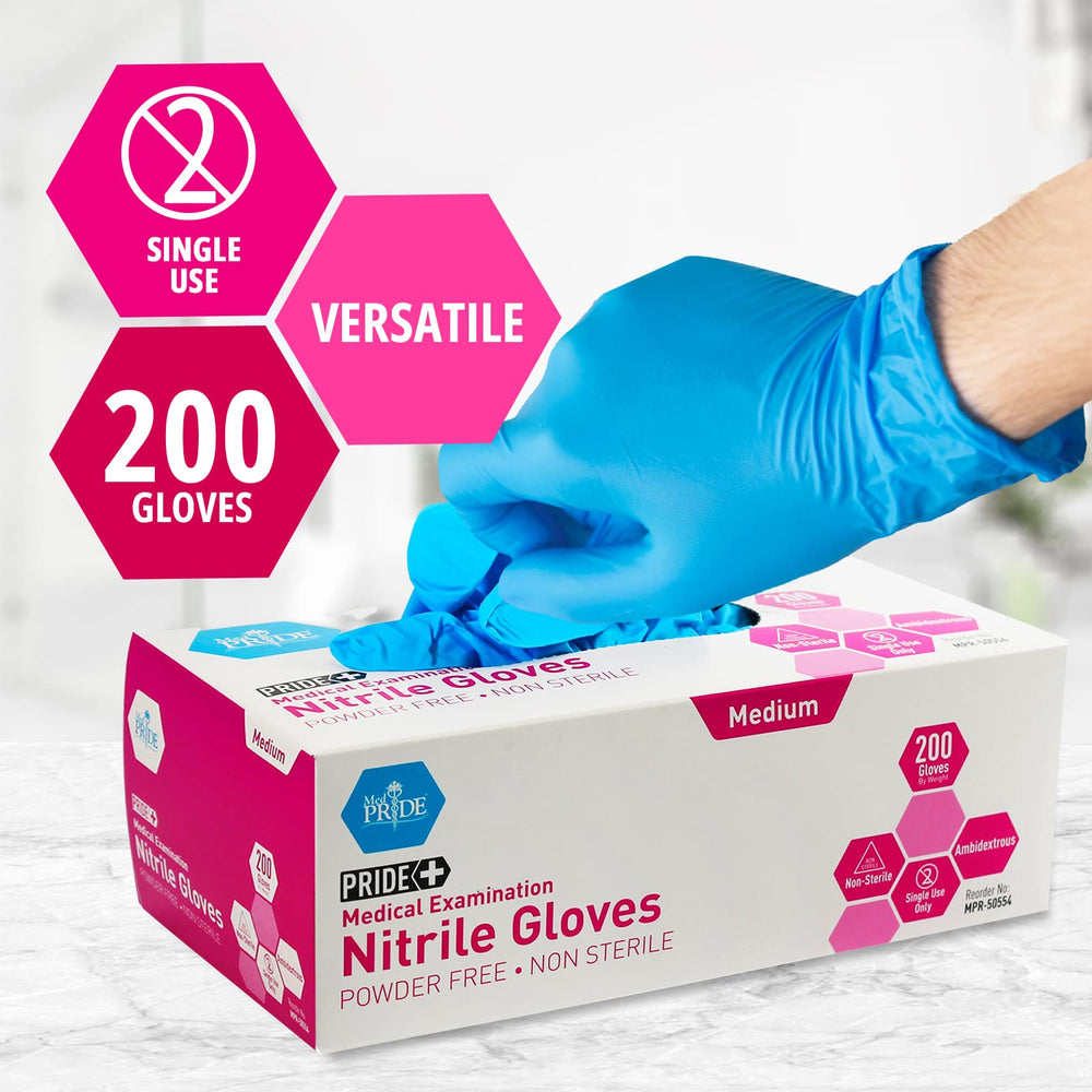 Medpride nitrile gloves medium box 200; value pack for medical and professional use.