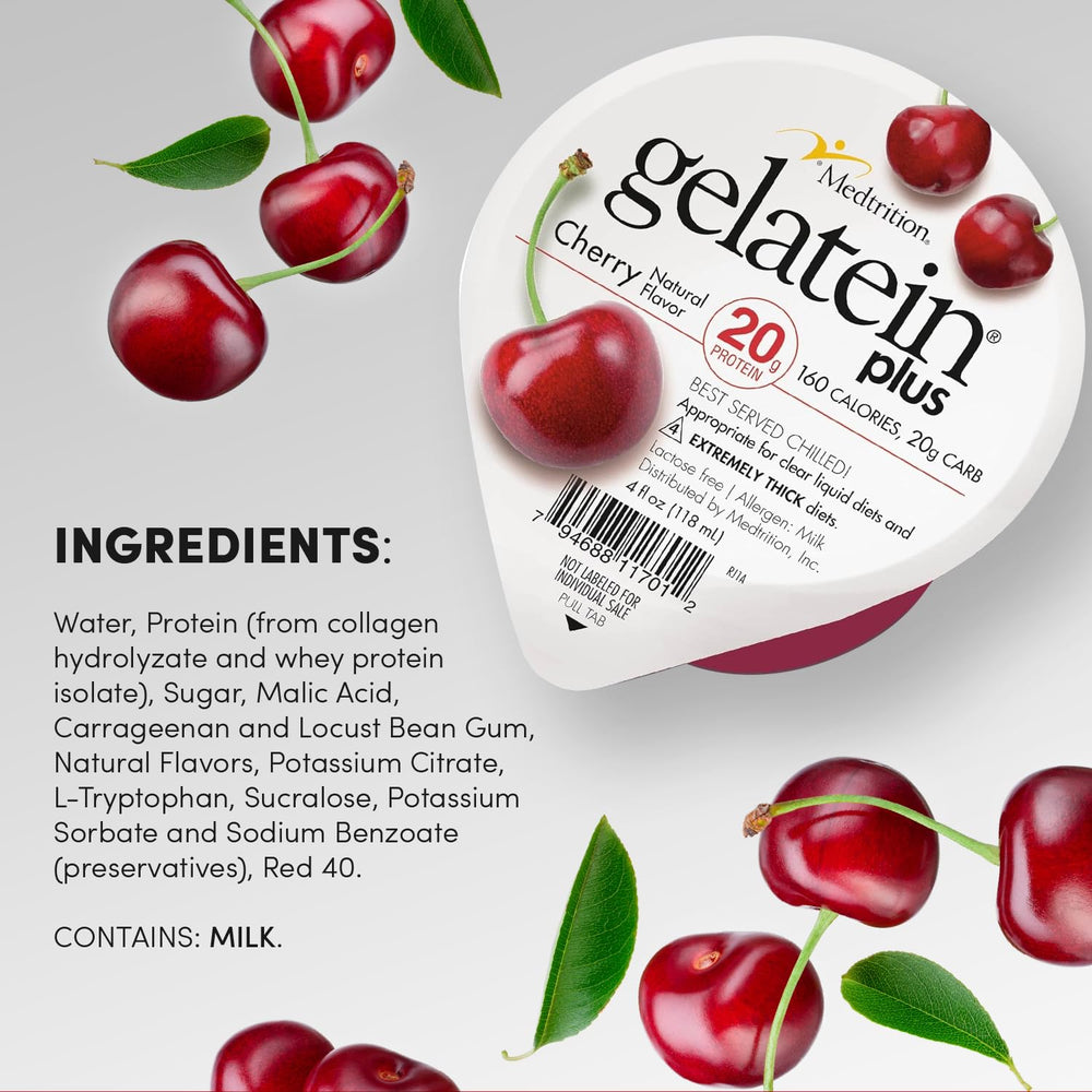 Medtrition Gelatein Plus Cherry glass highlights ready-to-drink protein for post-workout.