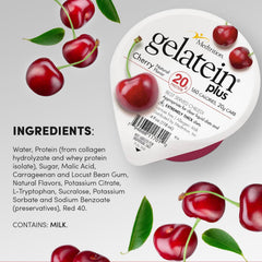 Medtrition Gelatein Plus Cherry glass highlights ready-to-drink protein for post-workout.