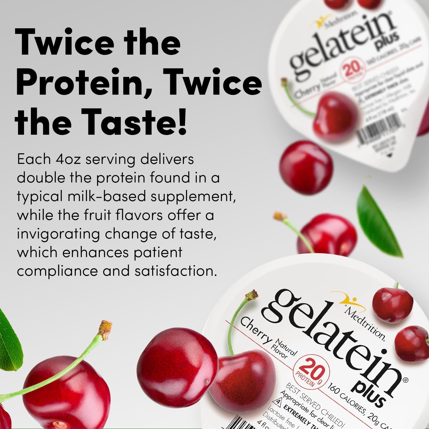 Medtrition Gelatein Plus Cherry nutrition panel shows protein per serving.