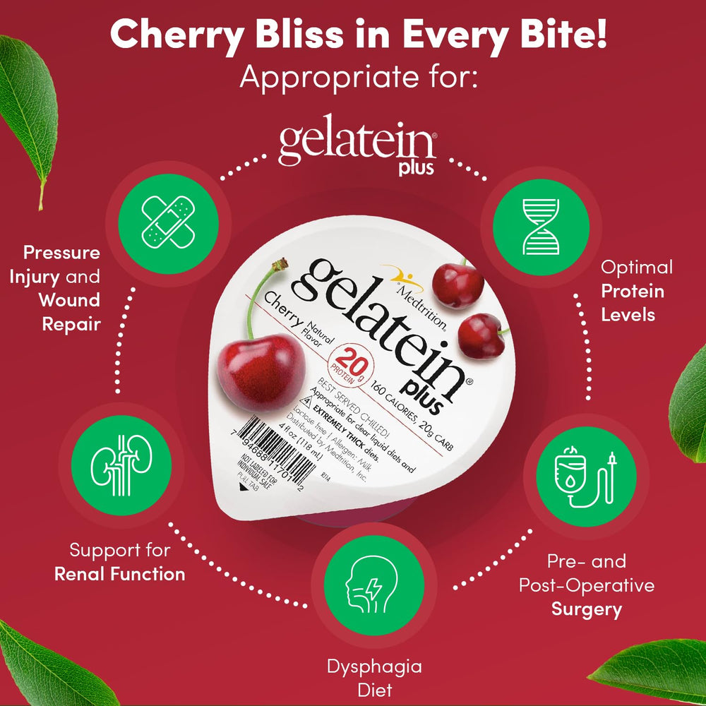 Medtrition Gelatein Plus Cherry packaging emphasizes 12-pack convenience.