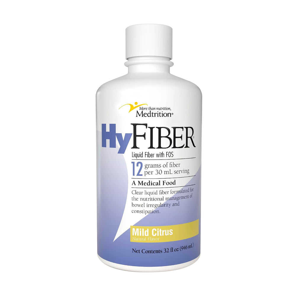 Medtrition HyFiber daily liquid fiber bottle shown for daily soluble fiber support for regularity