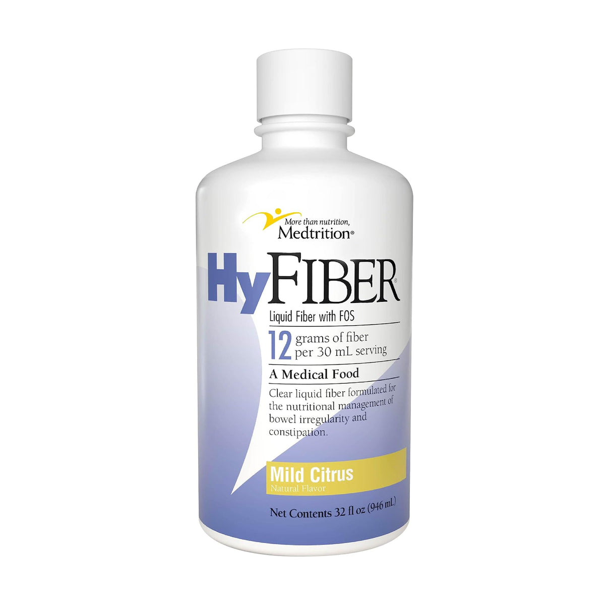 Medtrition HyFiber daily liquid fiber bottle shown for daily soluble fiber support for regularity