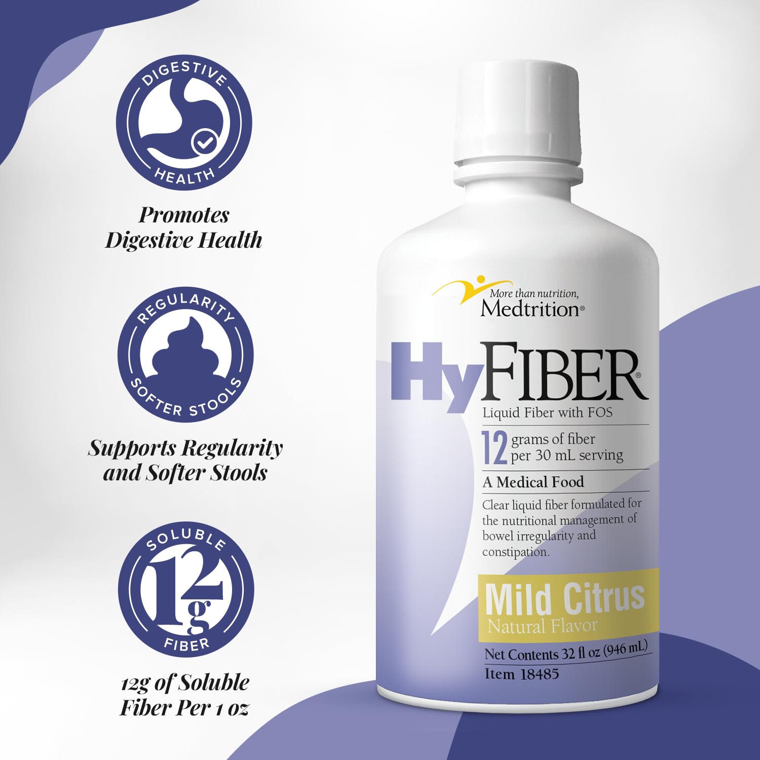 Medtrition HyFiber daily liquid fiber label closeup highlights gluten-free, lactose-free formulation