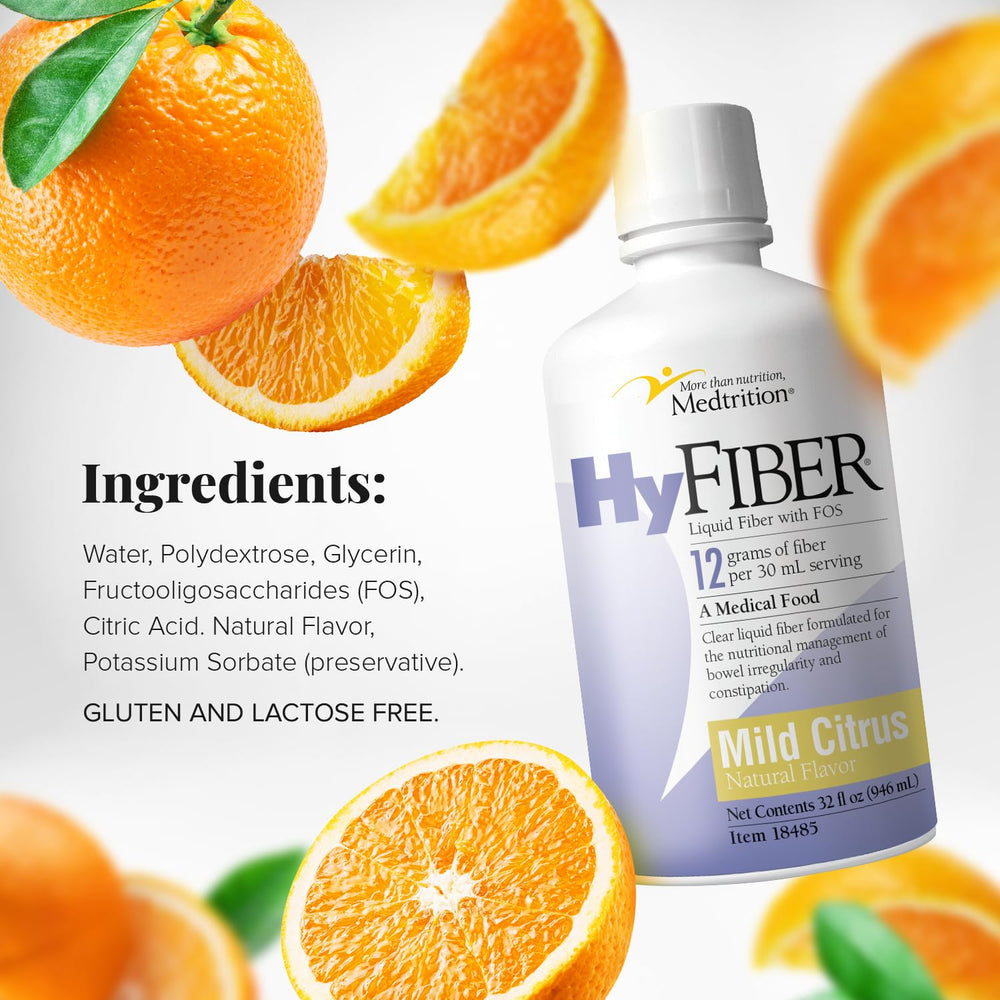 Medtrition HyFiber daily liquid fiber mixed into beverage for smooth texture and regularity