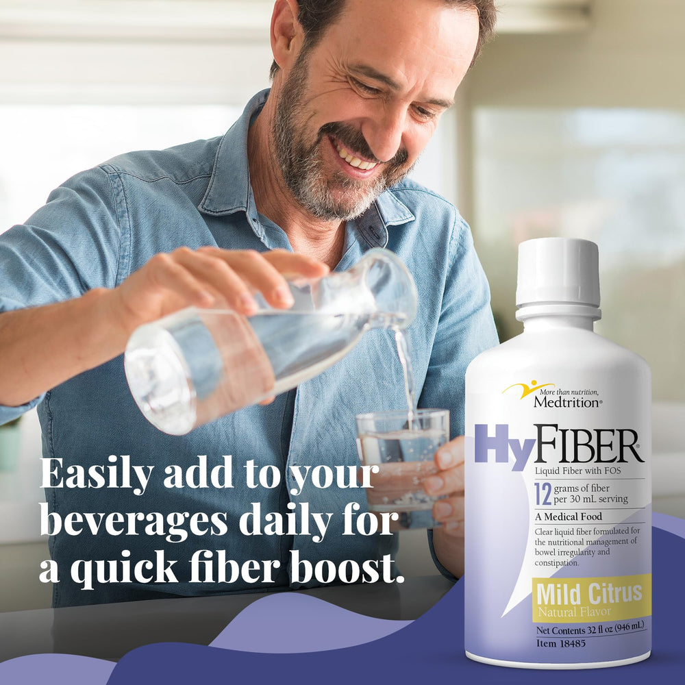 Medtrition HyFiber daily liquid fiber packaging closeup confirms lactose-free and gluten-free status