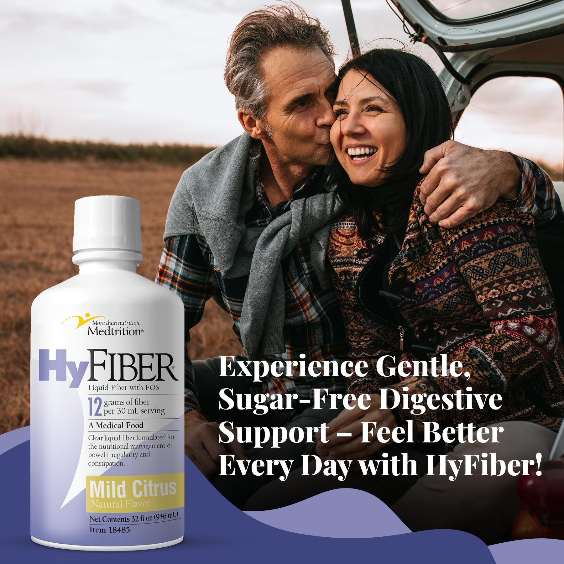 Medtrition HyFiber daily liquid fiber usage setup displays 30 mL serving for simple daily intake