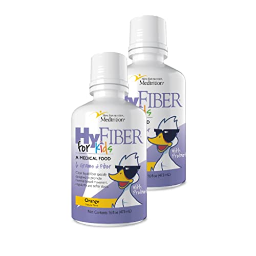 Medtrition HyFiber Kids bottle pour showing a convenient half-ounce serving for daily regularity