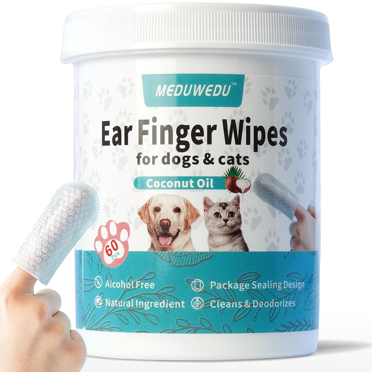 MEDUWEDU ear cleaner finger wipes pack front for easy at-home pet ear care