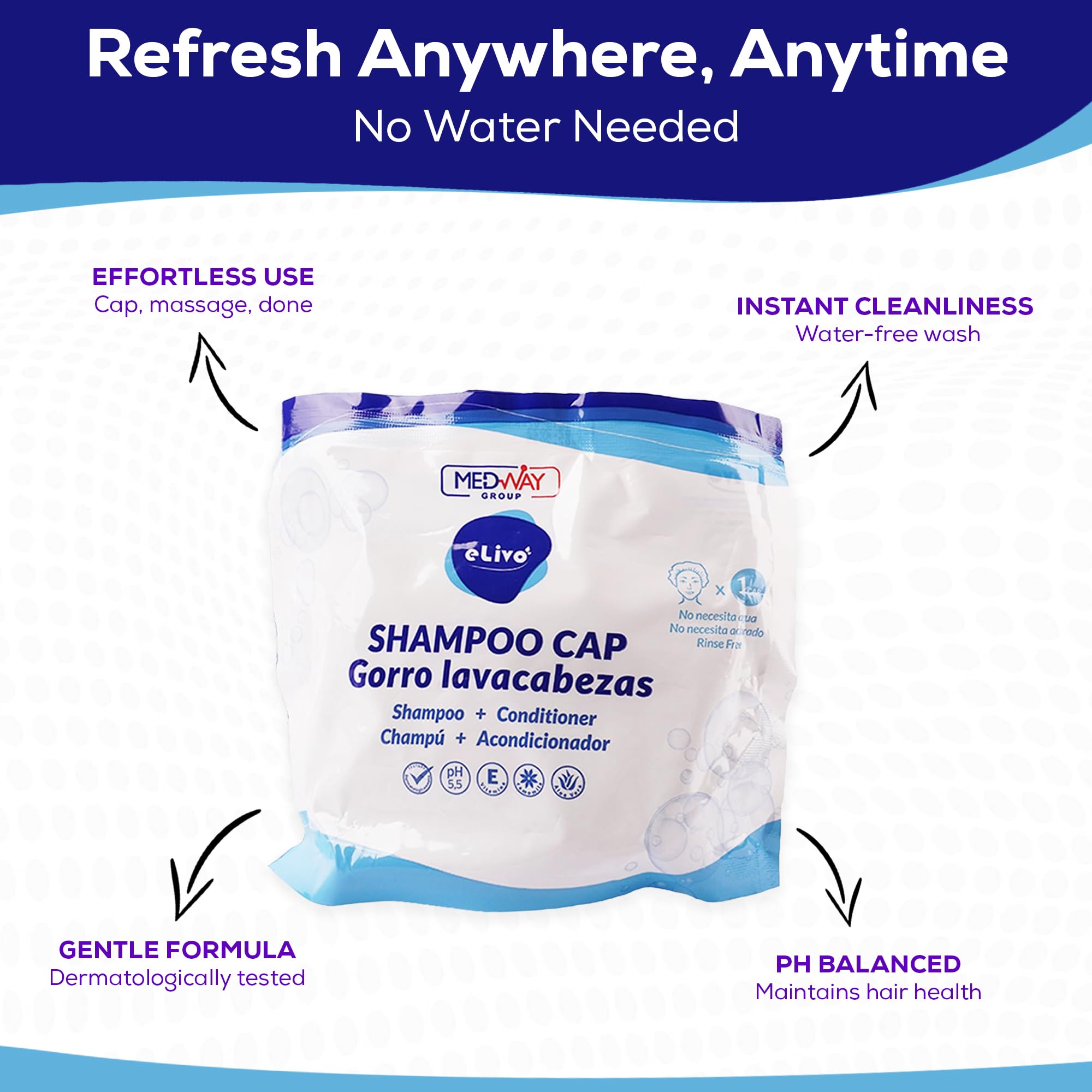 MedVance No Rinse Cap on head demonstrating no-water cleansing convenience