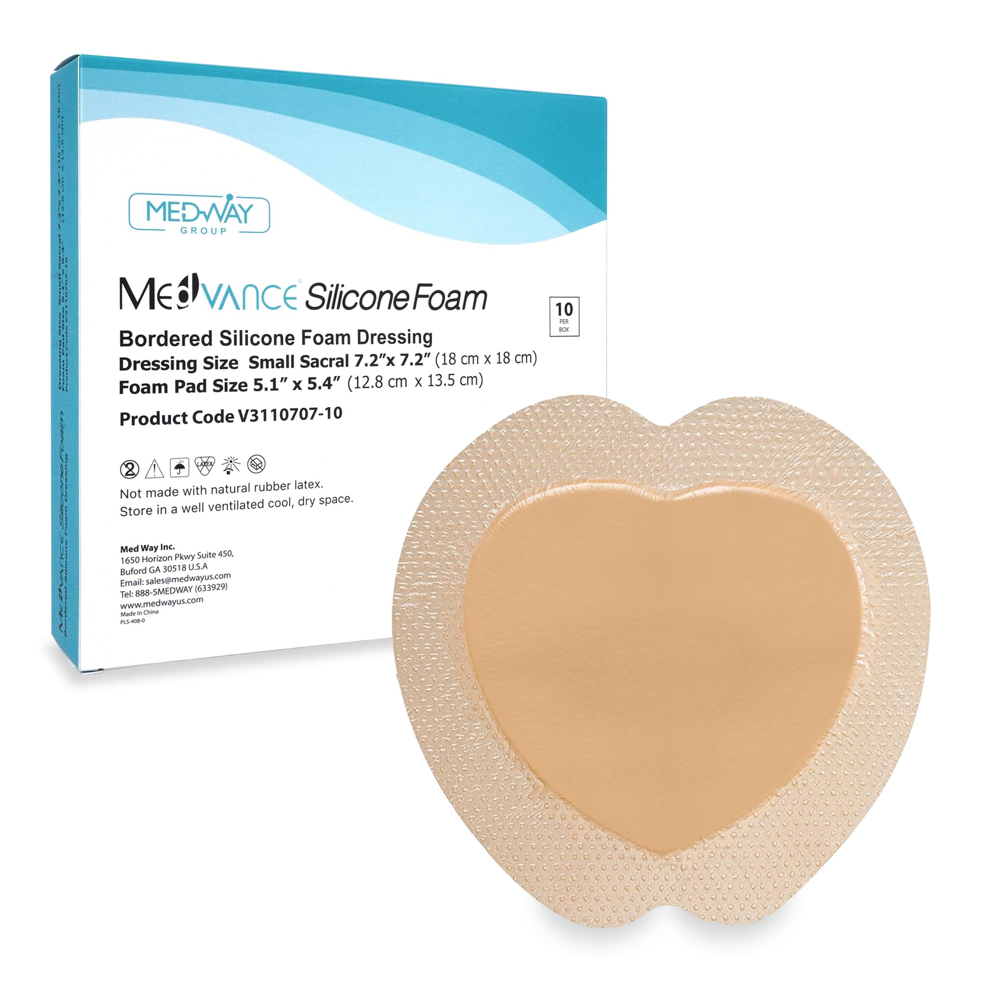 MedVance silicone-bordered foam dressing 7x7 box of 10 for secure sacral wounds.