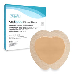 MedVance silicone-bordered foam dressing 7x7 box of 10 for secure sacral wounds.