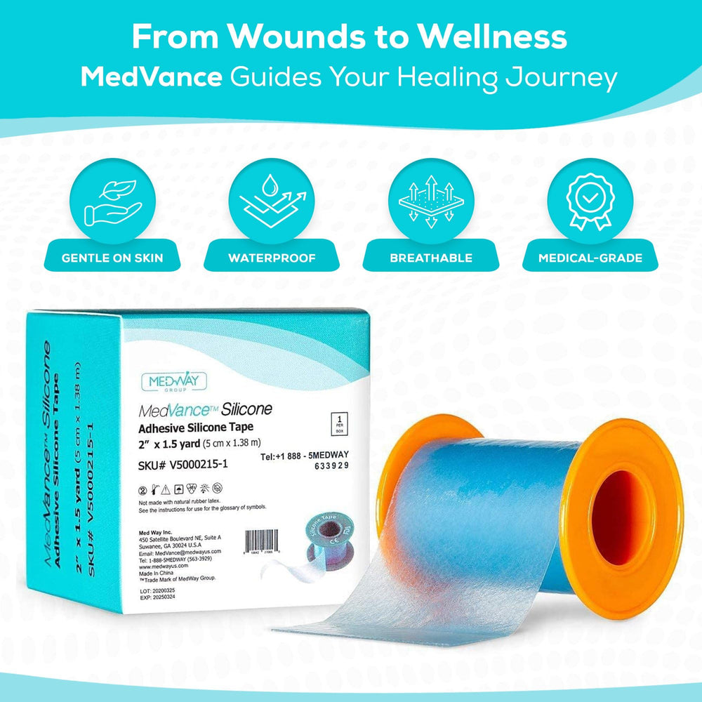 MedVance silicone tape cuttable roll 2in enables precise sizing for dressings.