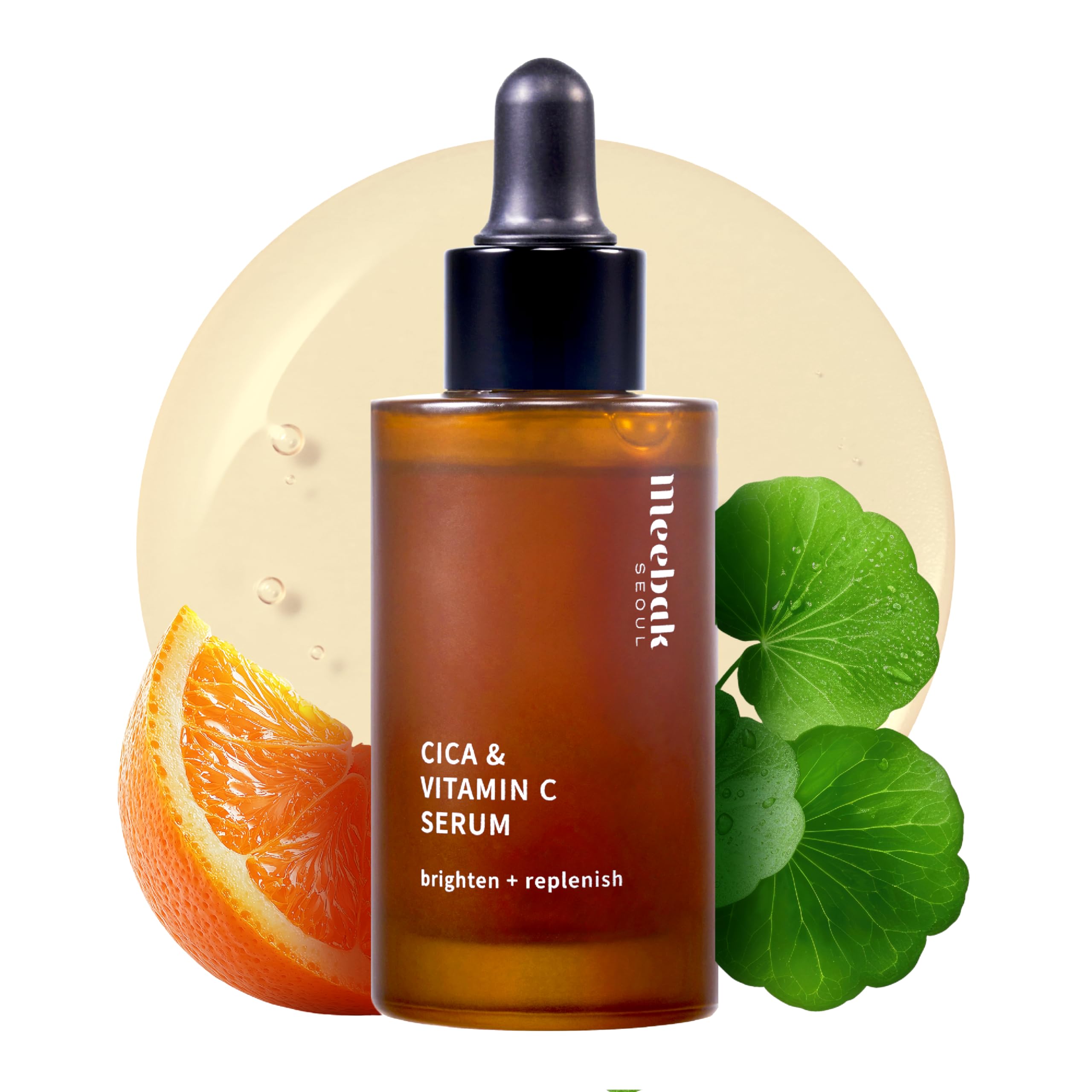 Meebak Vitamin C Serum bottle close-up showing the sleek design for radiant skin