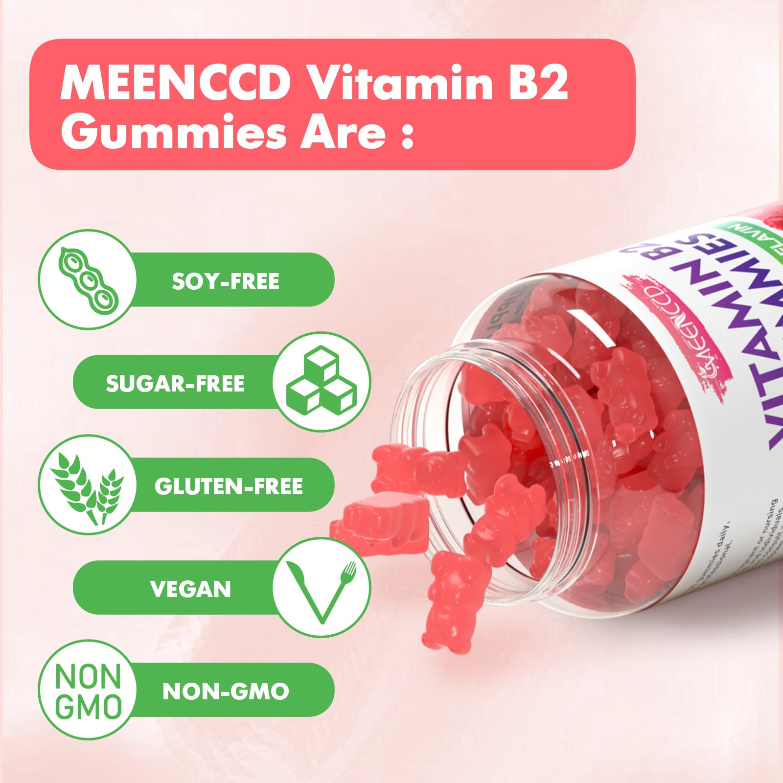 MEENCCD Vitamin B2 gummies produced in a GMP-certified facility for quality assurance.