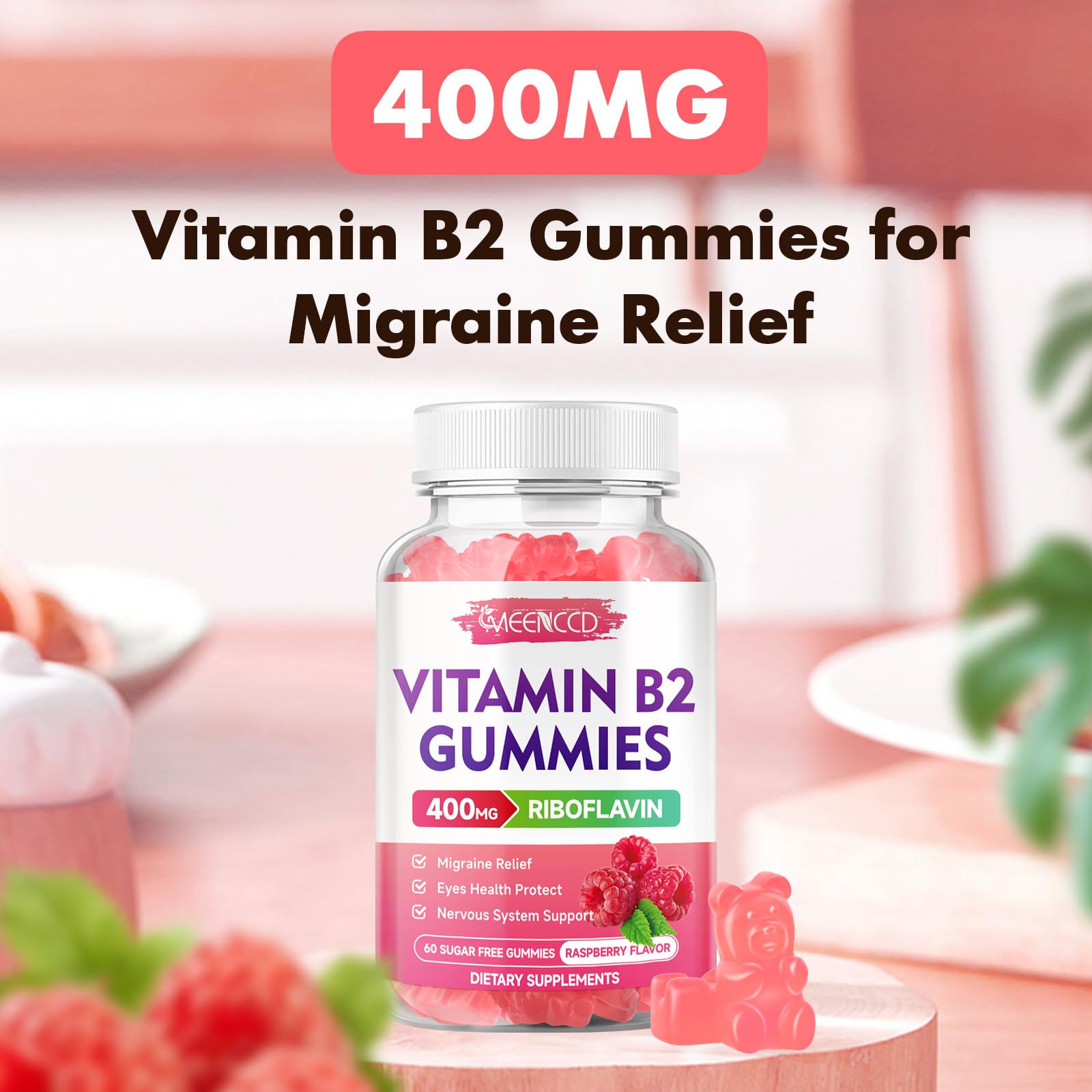 MEENCCD Raspberry flavor B2 gummies highlighting the fruity taste.